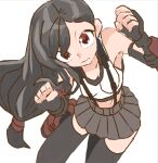  1girl 3: black_gloves black_hair black_sports_bra black_thighhighs breasts cleavage closed_mouth elbow_gloves final_fantasy final_fantasy_vii final_fantasy_vii_remake fingerless_gloves gloves grey_skirt long_hair looking_at_viewer low-tied_long_hair lowres medium_breasts miniskirt pleated_skirt red_eyes sicky_(pit-bull) simple_background skirt solo sports_bra suspender_skirt suspenders tank_top thighhighs tifa_lockhart white_background white_tank_top zettai_ryouiki 
