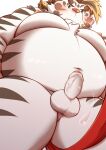  anthro balls belly blue_eyes blush bodily_fluids dosanco15 erection felid foreskin fur genital_fluids genitals hi_res licho_(tas) lifewonders low-angle_view male mammal nude overweight pantherine penis perineum precum solo striped_body striped_fur stripes tiger tokyo_afterschool_summoners white_body white_fur 