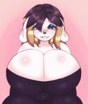 animated anthro big_breasts black_clothing black_hair blonde_hair blue_eyes blush bouncing_breasts breast_squish breasts canid canine canis cleavage clothed clothing domestic_dog female floppy_ears fur hair huge_breasts mammal moochibeth multicolored_hair poodle slightly_chubby smile smug solo squish sweater topwear two_tone_hair white_body white_fur 