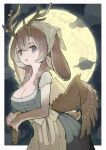  1girl absurdres animal_ears apron bow braid breasts brown_hair buttons claws cleavage cloud commentary_request cryptid dead_animal dress fang framed full_moon grey_eyes hair_between_eyes head_scarf highres horns large_breasts low_twintails low_wings moon mouse multicolored_hair night original rabbit_ears rabbit_tail sakutake_(ue3sayu) short_hair sidelocks solo tail twintails two-tone_hair wings wolpertinger_girl 