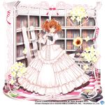  1girl alternate_costume bell book bookshelf closed_mouth commentary copyright_name dress english_commentary flower full_body game_cg hair_bell hair_ornament holding holding_book juliet_sleeves ladder library long_sleeves looking_at_viewer motoori_kosuzu motoori_kosuzu_(the_white_book_of_gossip) orange_eyes orange_hair phonograph puffy_sleeves rotte_(1109) short_hair smile solo standing third-party_source touhou touhou_lost_word two_side_up white_dress white_flower 