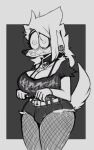  breasts canid canine canis cleavage cleavage_cutout clothed clothing collar domestic_dog ear_piercing eyewear female fishnet fishnet_legwear flopped gauged_ear glasses goth greyscale gynomorph_(lore) horpants juiceyghost juicy_(juicyghost) legwear mammal monochrome piercing poodle shirt simple_background solo tank_top topwear trans_(lore) trans_woman_(lore) wide_eyed 