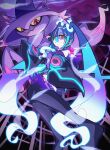 1girl aqua_hair black_thighhighs ghost ghost_miku_(project_voltage) grey_shirt hair_between_eyes hatsune_miku highres long_hair looking_down mismagius mk_928225 necktie pale_skin pokemon pokemon_(creature) project_voltage shirt skirt sleeves_past_wrists thighhighs twintails very_long_hair vocaloid will-o&#039;-the-wisp_(mythology) yellow_eyes 