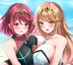  2girls asymmetrical_docking beach blonde_hair blue_sky blush breast_press breasts censored core_crystal_(xenoblade) double_paizuri hair_ornament large_breasts long_hair looking_at_viewer mosaic_censoring multiple_girls mythra_(radiant_beach)_(xenoblade) mythra_(xenoblade) open_mouth penis pyra_(pro_swimmer)_(xenoblade) pyra_(xenoblade) red_eyes red_hair ryunosu1111 short_hair sky water xenoblade_chronicles_(series) xenoblade_chronicles_2 yellow_eyes 