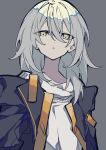  1girl absurdres black_jacket grey_background grey_hair highres honkai:_star_rail honkai_(series) hood hood_down jacket long_hair looking_at_viewer multicolored_clothes multicolored_jacket orange_jacket parted_lips shirt solo stelle_(honkai:_star_rail) teeth trailblazer_(honkai:_star_rail) vixsi_art white_shirt yellow_eyes 