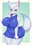  anthro belly big_breasts blue_eyes blush breasts canid clothing female fur grey_body grey_fur grey_hair hair hi_res huge_breasts huge_thighs looking_at_viewer mammal navel slightly_chubby slightly_chubby_anthro slightly_chubby_female smile solo standing tail tailzkim thick_thighs unknown_character 