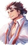  1boy absurdres bara cigarette closed_eyes collared_shirt cropped_torso doku_(hitori_ox) facing_away high_ponytail highres large_pectorals male_focus mature_male mononobe_kyoma multicolored_hair muscular muscular_male necktie open_clothes pectoral_cleavage pectorals shirt sideburns smile smoking solo sparse_stubble streaked_hair thick_eyebrows tokyo_afterschool_summoners undone_necktie unfinished white_hair 
