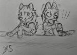  arctic_fox canid canine duo ears_up exclamation female fluffy fox mammal monochrome pinky_bestia prank shaded shocked simple_background simple_eyes simple_shading sketch spilled_drink traditional_media_(artwork) 