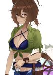  1girl agnes_tachyon_(lunatic_lab)_(umamusume) agnes_tachyon_(umamusume) animal_ears arm_at_side belt bikini bikini_under_clothes blue_bikini blue_shorts blush breasts brown_hair cleavage closed_mouth collarbone collared_jacket criss-cross_halter flask green_jacket groin hair_between_eyes halterneck highres horei_tsuna horse_ears horse_girl horse_tail jacket looking_at_viewer medium_breasts midriff orange_eyes round-bottom_flask short_hair short_sleeves shorts smile solo summer_sun_calms_down_blue_(umamusume) swimsuit tail test_tube tied_jacket umamusume upper_body utility_belt 