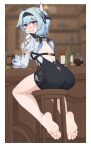  1girl ass back bar_stool barefoot beer_mug blue_hair blurry blurry_background blush bottle clenched_teeth coin cork cup drooling drunk eula_(genshin_impact) feet foot_focus from_behind genshin_impact hair_between_eyes hair_ornament highres looking_at_viewer looking_back medium_hair mouth_drool mug softhanten soles solo stool teeth toes twitter_username yellow_eyes 