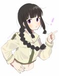  ! 1girl black_hair blunt_bangs braid cropped_torso hair_ribbon hand_on_own_hip highres index_finger_raised kantai_collection kitakami_(kancolle) kitakami_kai_ni_(kancolle) long_hair midriff navel neckerchief purple_eyes ribbon sailor_collar school_uniform serafuku shirt sidelocks single_braid solo tenyako_(mirasato24) tress_ribbon white_background white_neckerchief white_sailor_collar white_shirt 