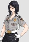  1girl absurdres belt black_eyes black_hair black_skirt closed_mouth collarbone commentary_request fuku_(fuku12290574) gloves grey_shirt hand_on_own_hip highres indonesia indonesian_national_police looking_at_viewer medium_hair name_tag original police police_badge police_uniform policewoman shirt skirt solo uniform upper_body v-shaped_eyebrows white_background white_belt white_gloves 