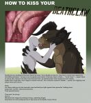  bethesda_softworks bodily_fluids claws deathclaw description dripping duo fallout french_kissing hi_res horn human internal kiss_on_lips kissing mammal saliva saliva_drip saliva_on_tongue scales size_difference tallion teeth text tongue tongue_out 