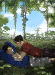 2boys black_hair blue_sweater couple denim griffmon98 jeans looking_at_another lying_on_person male_focus multiple_boys original outdoors pants red_shirt shirt short_hair sweater tree tree_shade yaoi 