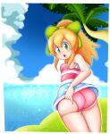  1girl :o absurdres adjusting_clothes adjusting_swimsuit ass blonde_hair blue_sky blush bow cloud cowboy_shot dress_swimsuit english_commentary from_behind grass green_bow green_eyes high_ponytail highres island looking_at_viewer luigifan222 mega_man_(classic) mega_man_(series) mega_man_x_(series) mega_man_x_dive microskirt multicolored_clothes multicolored_swimsuit ocean official_alternate_costume palm_tree roll_(mega_man) sidelocks skirt sky solo surprised swimsuit tree upskirt 