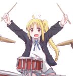  1girl ? ahoge arms_up black_jacket blazer blonde_hair blue_ribbon blush bocchi_the_rock! brown_eyes collared_shirt commentary_request cosplay detached_ahoge drum drum_set drumsticks highres holding holding_drumsticks ijichi_nijika instrument jacket k-on! long_sleeves maruyo neck_ribbon open_clothes open_jacket open_mouth parody ribbon sakuragaoka_high_school_uniform school_uniform shirt side_ponytail sidelocks simple_background solo tainaka_ritsu tainaka_ritsu_(cosplay) white_background white_shirt winter_uniform 