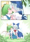 2girls ^_^ blue_bow blue_dress blue_hair bow cirno closed_eyes closed_mouth daiyousei dress fairy_wings green_hair hair_bow hammer_(sunset_beach) holding holding_sword holding_weapon ice ice_wings interlocked_fingers multiple_girls short_hair smile sword touhou weapon wings yuri 