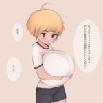  1boy ahoge black_shorts blonde_hair blush breasts brown_eyes collarbone cowboy_shot grabbing_own_breast grin gym_shirt gym_shorts gym_uniform huge_breasts looking_at_viewer male_with_breasts original otoko_no_ko parted_lips pittori shirt short_hair shorts simple_background smile solo speech_bubble talking teeth translation_request very_short_hair white_shirt 