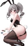  1girl animal_ears ass black_leotard blush breasts drill_hair earrings fake_animal_ears fake_tail grey_hair high_heels highleg highleg_leotard highres idolmaster idolmaster_cinderella_girls jewelry kanzaki_ranko kono_(116) leotard medium_breasts playboy_bunny poker_chip rabbit_ears rabbit_tail red_eyes solo strapless strapless_leotard tail thighhighs thighs twin_drills twintails wrist_cuffs 