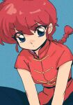  1girl blue_background blue_eyes blue_pants braid braided_ponytail breasts chinese_clothes closed_mouth film_grain hair_between_eyes nzeneee pants ranma-chan ranma_1/2 red_hair shadow simple_background solo tangzhuang 