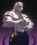  1boy abs absurdres animal_ears applying_bandages bandaged_arm bandages bara bulge diamond_(shape) facial_hair feet_out_of_frame forked_eyebrows furry furry_male goatee highres large_pectorals long_hair looking_to_the_side male_focus mature_male multicolored_hair muscular muscular_male navel nipples original pectorals ponytail purple_fur sadiend solo spotlight stomach streaked_hair thick_eyebrows thick_thighs thighs tiger_boy tiger_ears topless_male uiokv white_hair yellow_eyes 