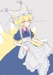  !? 1girl animal_ears apron blonde_hair blue_dress blush closed_mouth dress fox_ears fox_tail frilled_apron frilled_sleeves frills grey_background hair_between_eyes hat highres m_(m073111) mob_cap multiple_tails short_hair short_sleeves simple_background solo tail touhou white_apron white_headwear yakumo_ran yellow_eyes 