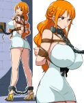  1girl anger_vein arms_behind_back ass bdsm bondage bound breasts chain dress high_heels highres large_breasts long_hair nami_(one_piece) one_piece rebake rope solo standing sweatdrop 