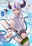  2girls ahoge barefoot black_horns black_nails braid braided_bangs feet grey_hair highres hololive horns hose inari_(ambercrown) knees_apart_feet_together la+_darknesss legs looking_at_viewer multicolored_hair multiple_girls nail_polish pointy_ears purple_hair sakamata_chloe school_swimsuit see-through see-through_shirt soles solo_focus streaked_hair striped_horns swimsuit thigh_strap toenail_polish toenails toes virtual_youtuber yellow_eyes 