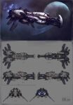  cannon commentary concept_art copyright_name cruiser_(eve_online) eve_online flying from_side glowing highres military_vehicle multiple_views no_humans original outdoors photoshop_(medium) planet planetary_ring rawwad reference_sheet science_fiction space spacecraft thrusters turret 