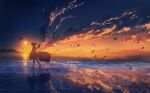  1girl absurdres bird blue_sky cloud dress evening full_body gradient_sky highres horizon orange_sky original reflection reflective_water scenery short_hair signature sky skyrick9413 solo standing sun sunset water 