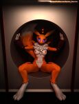  3d_(artwork) anthro artist_name bandai_namco black_sclera blender_(software) blender_cycles blue_eyes breasts chest_tuft claws clothing countershade_torso countershading digimon digimon_(species) digital_media_(artwork) female fingerless_gloves fox_tail fur genitals gloves gloves_only glowing glowing_eyes handwear handwear_only hi_res looking_at_viewer mammal markings mostly_nude multicolored_body nipples orange_body orange_glow pinup pose pussy renamon science_fiction sitting smile smirk solo solo_focus spread_legs spreading systemsearcher tail tuft twitter wall_(structure) white_body 