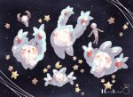  :d animal_focus artist_name closed_eyes crescent_moon floating hanabusaoekaki moon multiple_views night night_sky no_humans pokemon pokemon_(creature) reuniclus skeleton skull sky smile solid_oval_eyes star_(sky) star_(symbol) 