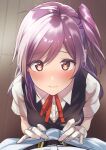  1girl admiral_(kancolle) ahoge blush breasts brown_eyes from_above gloves hagikaze_(kancolle) highres imminent_fellatio kantai_collection long_hair looking_at_viewer neck_ribbon one_side_up pov purple_hair rampage_2nd red_ribbon ribbon school_uniform shirt short_sleeves vest white_gloves white_shirt 