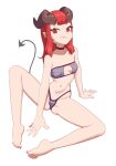  1girl bikini breasts choker cleavage_cutout clothing_cutout commentary demon_girl demon_horns demon_wings formerly full_body horns navel original petite pointy_ears purple_bikini purple_choker red_eyes red_hair small_breasts smile solo spread_legs strapless strapless_bikini swimsuit vinea_(fomerly) wings 