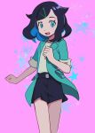  1girl :d black_hair black_shorts blush clenched_hands coat commentary_request eyelashes green_coat green_eyes hair_ornament hairclip hand_up highres ivib liko_(pokemon) medium_hair open_clothes open_coat open_mouth pokemon pokemon_(anime) pokemon_horizons purple_background shirt shorts sleeves_rolled_up smile solo star_(symbol) white_shirt 
