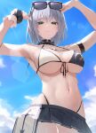  1girl absurdres arms_up bikini bikini_skirt blue_sky breasts closed_mouth cloud day eyewear_on_head green_eyes grey_hair highres hololive large_breasts looking_at_viewer mikaku mole mole_on_breast navel shirogane_noel short_hair sky solo swimsuit virtual_youtuber wet 