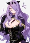  1girl armor black_armor breast_strap breasts camilla_(fire_emblem) cleavage fake_horns fire_emblem fire_emblem_fates gmais2514 hair_over_one_eye horns large_breasts long_hair looking_at_viewer purple_eyes purple_hair smile solo tiara upper_body very_long_hair wavy_hair white_background 