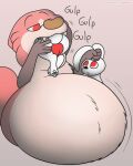  ambiguous_gender anthro belly big_belly canid canine digital_media_(artwork) drake_(kitty_pride) fox foxball fur group hi_res huge_belly hyper hyper_belly kitty_pride lagomorph leporid lying male mammal on_front open_mouth oral_vore rabbit simple_background standing tail text tongue trio vore 