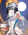  1girl arata_(noneetyesnito) bandages black_hair breasts brown_eyes fate/grand_order fate_(series) full_moon hair_over_one_eye halloween halloween_costume highres jack-o&#039;-lantern mole mole_under_eye moon mummy_costume navel small_breasts xu_fu_(fate) 