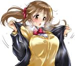  1girl black_jacket blush breasts brown_eyes brown_hair cardigan hair_ornament hair_scrunchie hirowa_nagi holding holding_clothes hot idolmaster idolmaster_cinderella_girls idolmaster_cinderella_girls_starlight_stage jacket large_breasts long_hair long_sleeves looking_at_another neck_ribbon open_mouth red_ribbon ribbon scrunchie shirt solo sweat sweatdrop totoki_airi twintails undressing white_shirt yellow_cardigan 