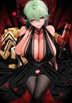  1girl absurdres ahoge aqua_hair bare_shoulders black_dress black_gloves breasts cleavage commentary_request crossed_legs de_lacey_(girls&#039;_frontline_nc) dress girls&#039;_frontline girls&#039;_frontline_neural_cloud gloves hair_between_eyes heart highres huge_breasts looking_at_viewer mechanical_tail mole mole_under_mouth nznzn sitting smile solo symbol-shaped_pupils tail thighhighs 