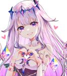  1girl absurdres bracelet chest_jewel detached_collar grey_hair heart heart_hands highres hololive hololive_english jewelry koseki_bijou long_hair purple_eyes sowon strapless virtual_youtuber white_background 