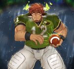  1boy american_football_(object) american_football_uniform animal_ears ball bara blush brown_hair cow_boy cow_ears cow_horns dark-skinned_male dark_skin eye_black facial_hair fiery_horns forked_eyebrows glowing_horns goatee highres horns jewelry large_pectorals male_focus muscular muscular_male necklace oo12hhh pectorals rain serious short_hair solo spiked_hair sportswear sweatdrop thick_eyebrows tokyo_afterschool_summoners v-shaped_eyebrows wakan_tanka 