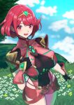  1girl :d absurdres black_gloves blue_sky bodysuit breasts chest_jewel circlet cloud cloudy_sky fingerless_gloves flower gloves grass highres karian909 large_breasts medium_hair open_mouth pyra_(xenoblade) red_bodysuit red_eyes red_hair red_shorts shorts sky smile solo swept_bangs white_flower xenoblade_chronicles_(series) xenoblade_chronicles_2 yellow_flower 