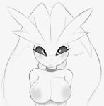  2023 after_sex anthro areola arteficialtrees big_breasts big_ears blush blush_lines bodily_fluids breasts cum cum_on_arm cum_on_breasts cum_on_shoulder dialogue english_text eyebrows eyelashes female front_view fur generation_4_pokemon genital_fluids hi_res inviting_to_sex long_ears looking_at_viewer lopunny monochrome nintendo nipples nude pokemon pokemon_(species) simple_background sketch smile solo text 