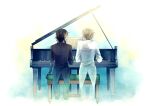  2boys amputee black_hair black_jacket black_pants blonde_hair disappear elliot_nightray facing_away from_behind full_body instrument jacket leo_(pandora_hearts) long_sleeves male_focus medium_hair multiple_boys music pandora_hearts pants piano piano_bench playing_instrument playing_piano sheet_music short_hair side-by-side sitting tailcoat transparent white_background white_jacket white_pants winniconan 