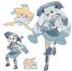  1girl blue_hair flute full_body hat hatsune_miku highres holding holding_instrument instrument japanese_clothes jirachi kyoufuu_all_back_(vocaloid) leg_up light_blue_hair long_hair multicolored_hair multiple_views open_mouth pokemon pokemon_(creature) project_voltage sidelocks simple_background star_(symbol) steel_miku_(project_voltage) twintails vocaloid white_background yunayuispink 