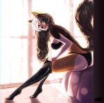 2022 anthro black_nose blue_eyes breasts brown_body brown_fur brown_hair butt canid canine claws clothing detailed_background digital_media_(artwork) dressing ear_piercing ear_ring eyebrows eyelashes feet female fluffy fluffy_tail fox fur hair hi_res highlights_(coloring) hunni_(ei-ka) latex_clothing latex_legwear latex_stockings long_hair looking_at_viewer mammal multicolored_body multicolored_fur open_mouth panties paws piercing pizhma ring_piercing side_view sitting solo tail tan_body tan_fur toe_claws underwear watermark white_body white_fur white_highlights 