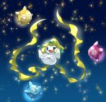  creature facial_mark floating haru_aki_tibi highres jirachi minior minior_(blue_core) minior_(core) minior_(red_core) minior_(yellow_core) night no_humans no_pupils open_mouth pokemon pokemon_(creature) sky smile star_(sky) star_(symbol) starry_sky white_eyes 