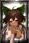  1girl 1other absurdres ahoge bow breasts brown_hair commentary_request finger_sucking green_bow hair_bow highres hira-san large_breasts long_hair looking_at_viewer red_eyes reiuji_utsuho short_sleeves solo solo_focus touhou 